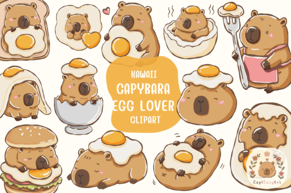 Cute Capybara & Fried Egg Clipart Gráfico Ilustrações para Impressão Por CapiCozyArt