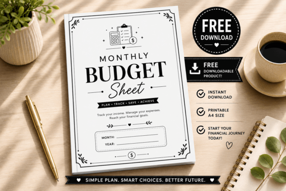 Minimalist monthly budget sheet Canva template with income and expense trackers