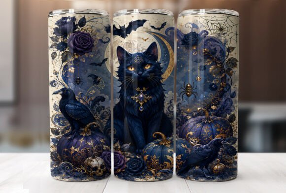 Gothic Raven Cat Halloween Tumbler Wraps