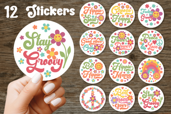 Hippie Round Stickers Bundle Groovy Svg