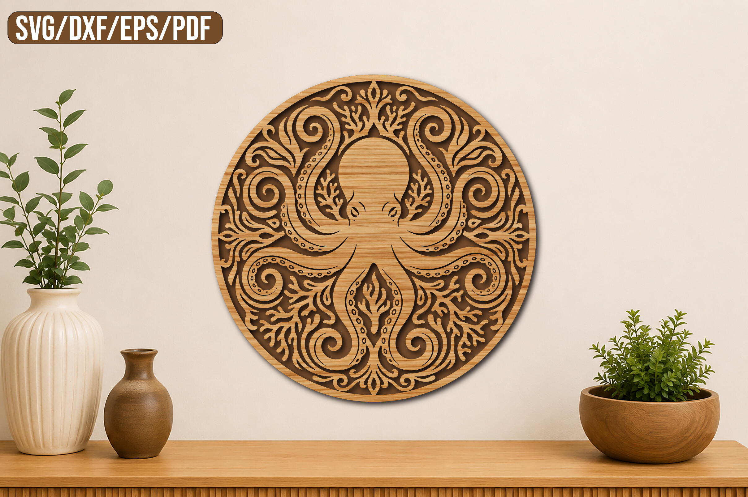 Octopus Mandala Laser Cut SVG preview, octopus-shaped mandala with layered detail