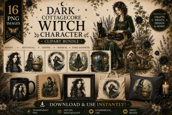 Dark Cottagecore Witch Character PNG