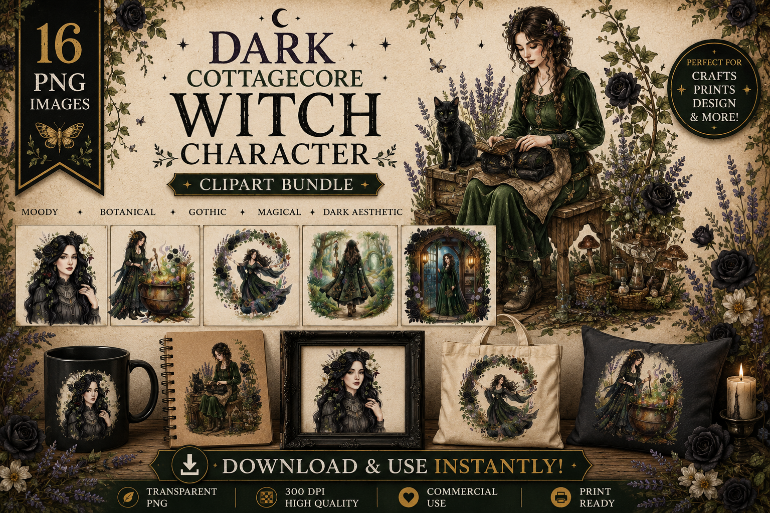 Dark Cottagecore Witch Character PNG