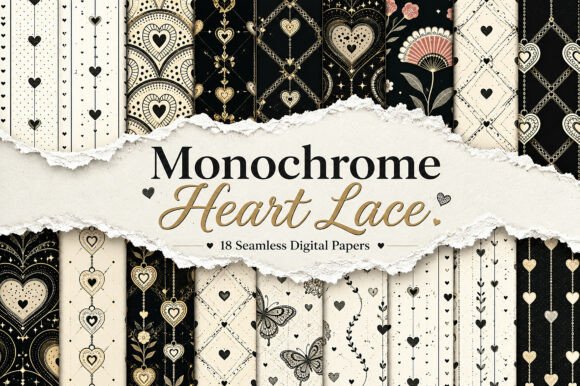 Monochrome Heart Lace Digital Pattern
