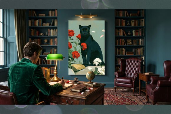 Retro Black Panther Floral Peonies Wall