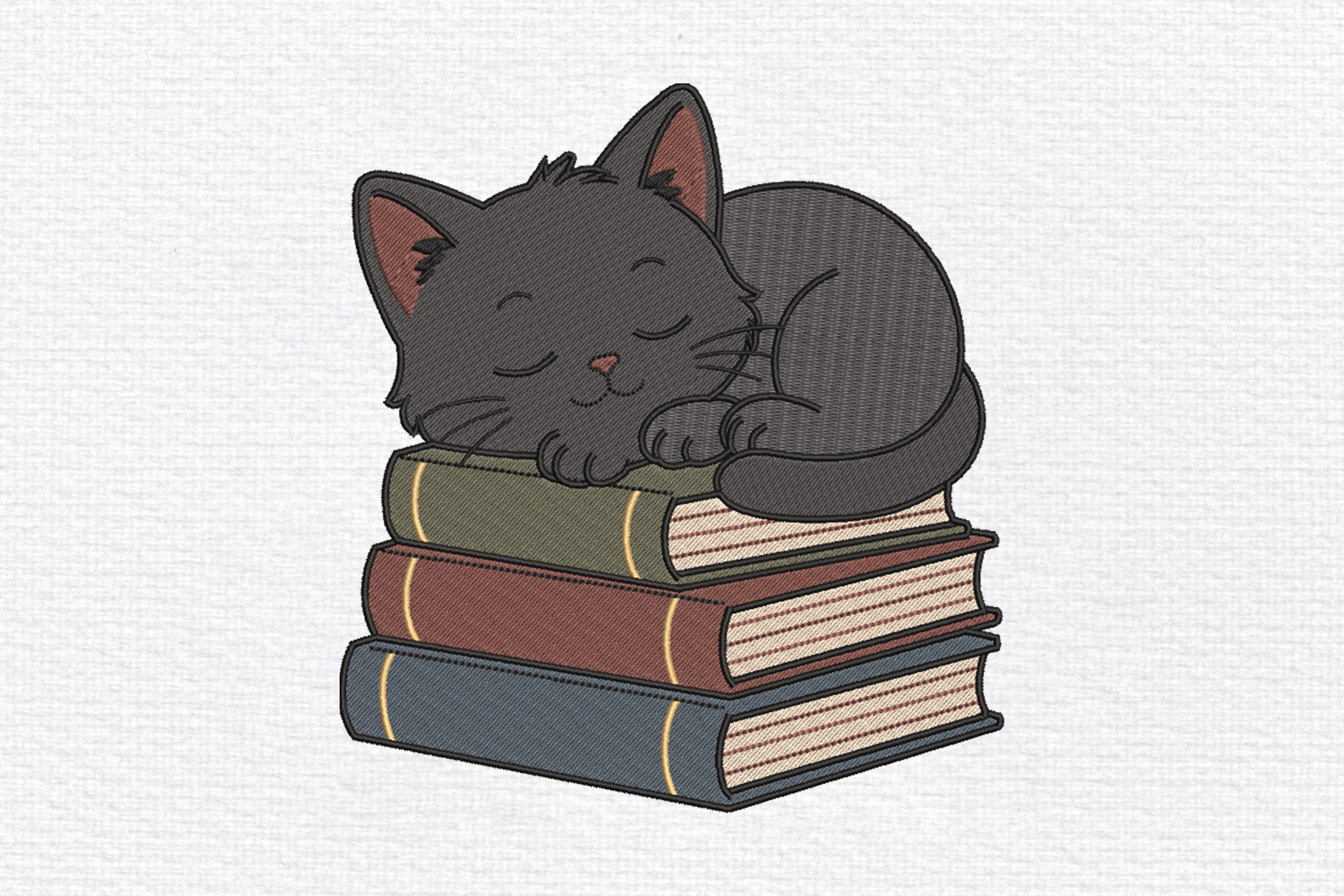 Sleeping Cat on Book Stack Embroidery