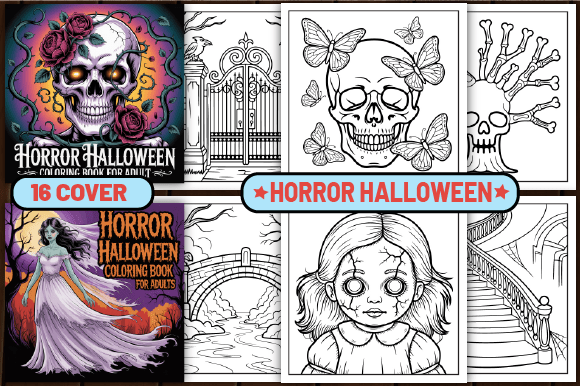 Preview of 72 Horror Halloween Coloring Pages adult coloring pages