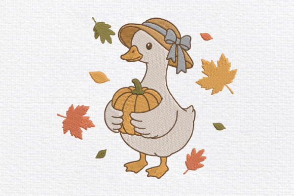 Autumn Goose with Pumpkin Embroidery