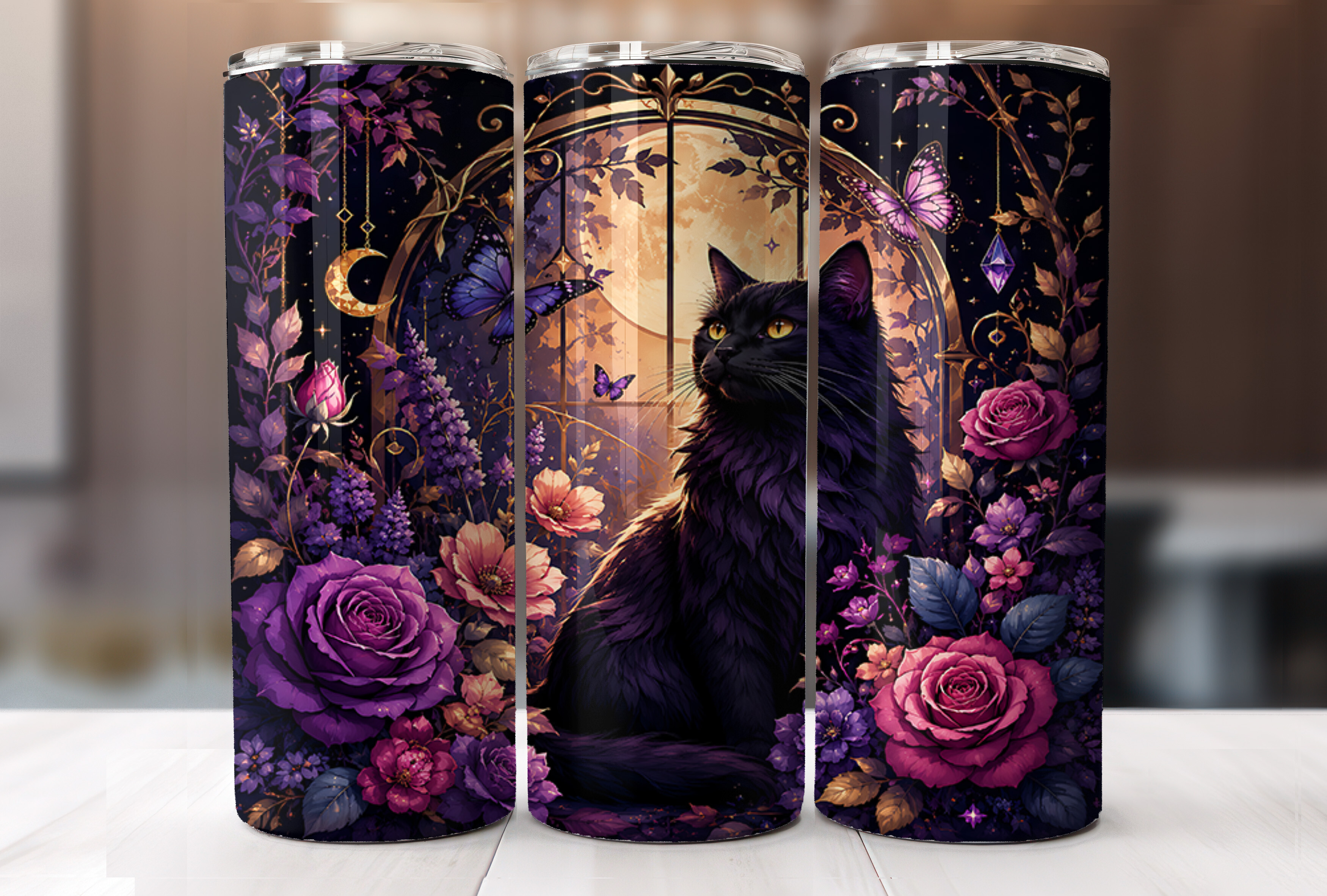 Mystical Black Cat Floral Tumbler Wraps