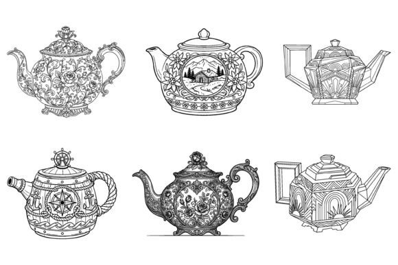 Ornate Vintage Teapot Coloring Line Art