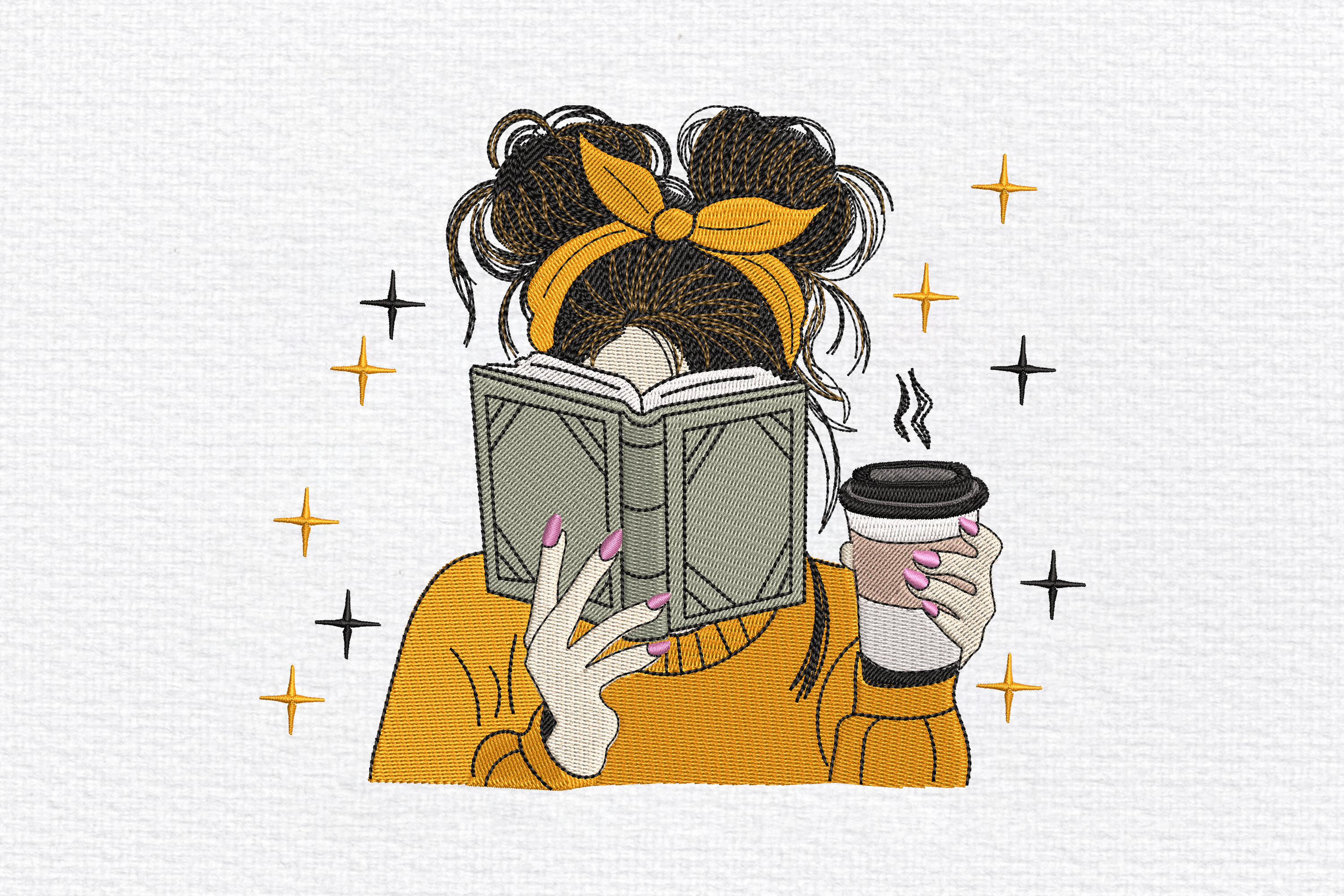 Reading Girl with Coffee Embroidery