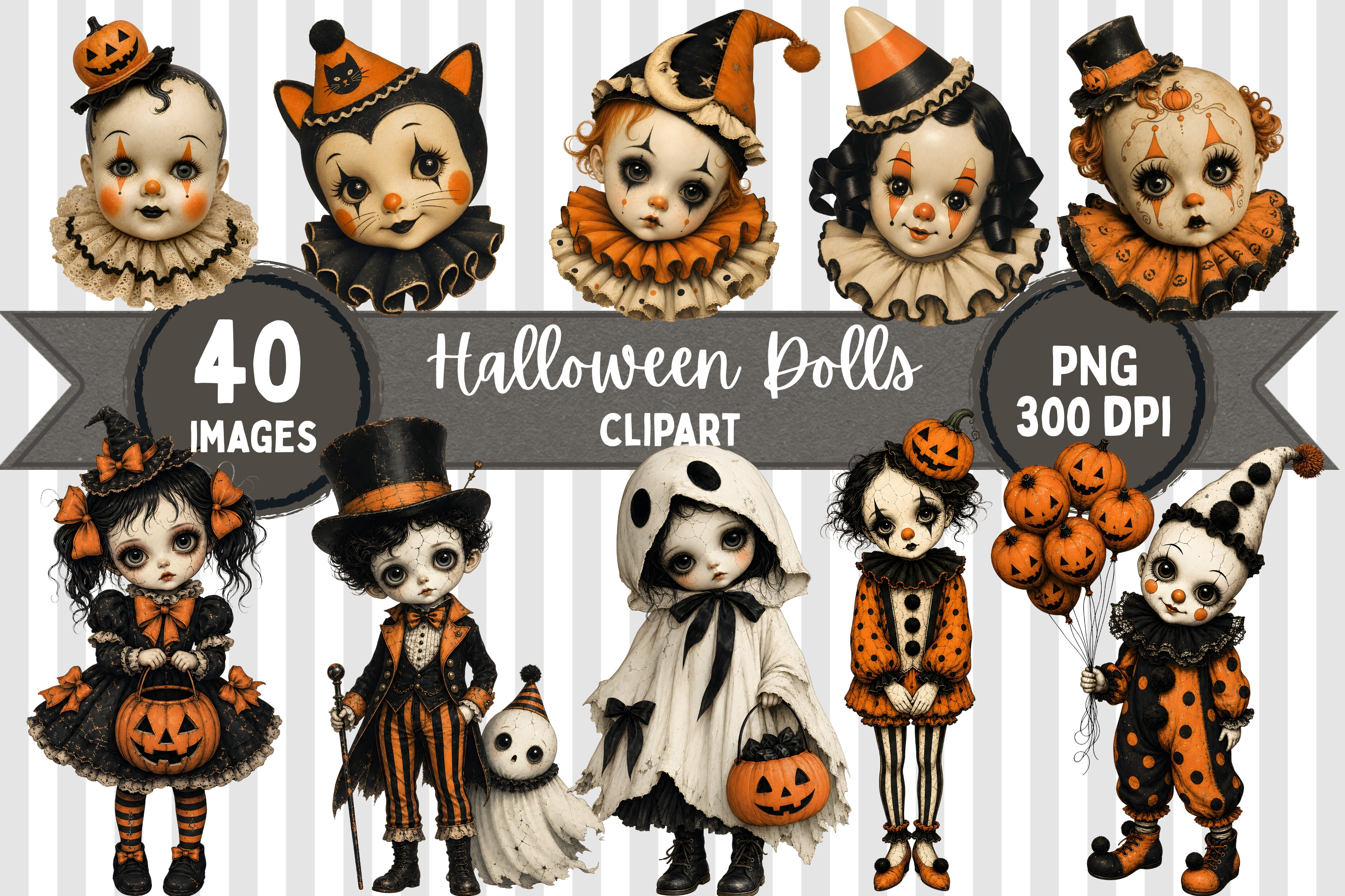Vintage Spooky Halloween Dolls Clipart