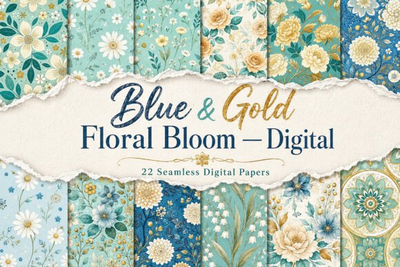 Blue & Gold Floral Bloom — Digital Paper