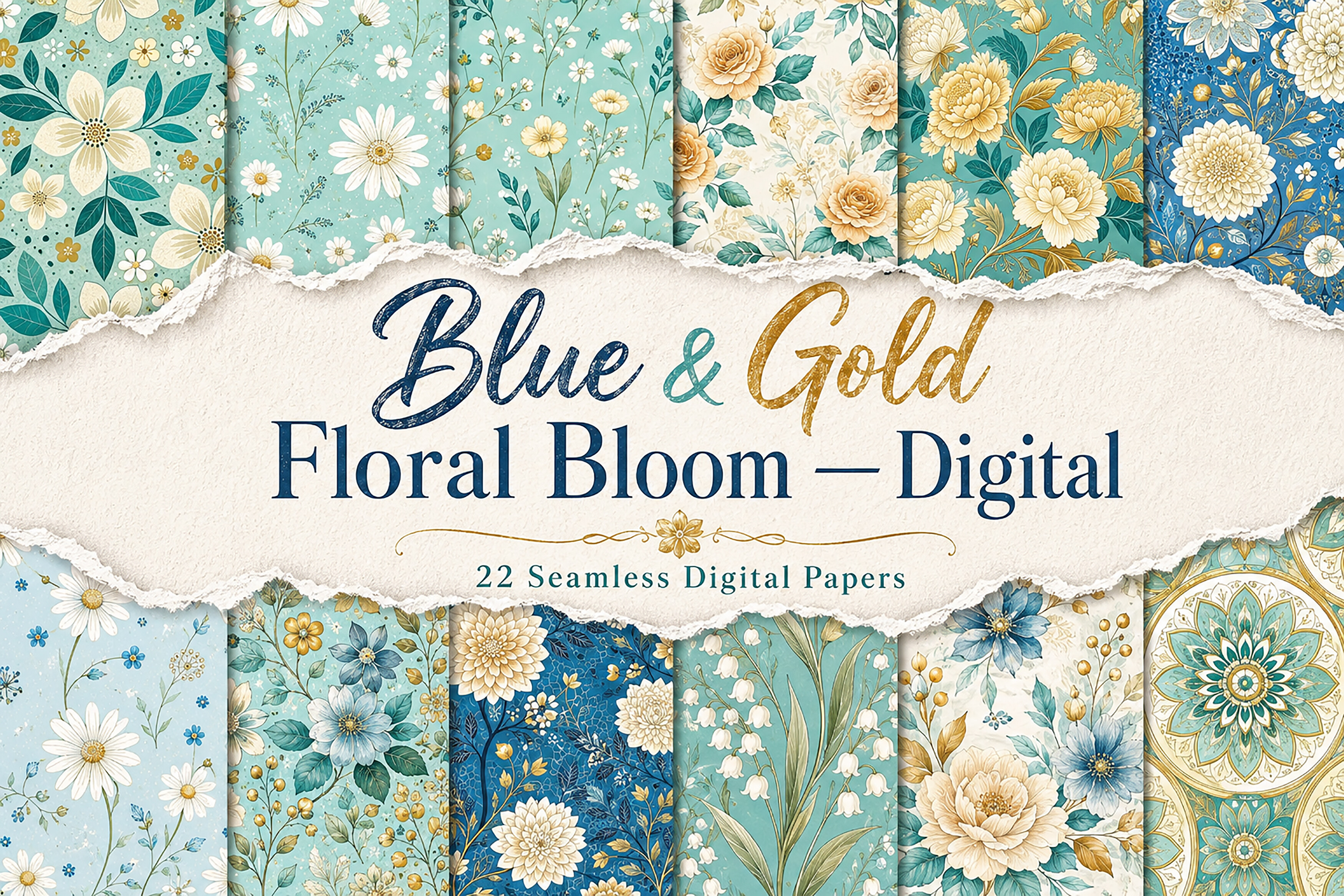 Blue & Gold Floral Bloom — Digital Paper