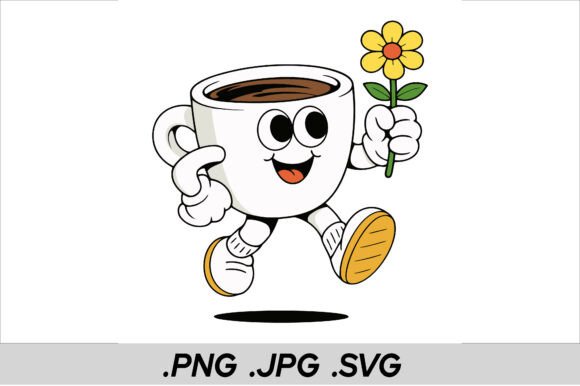 Cartoon Coffee Cup Character with Flower