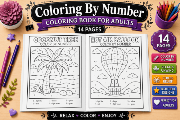 14 Color by Number Coloring Book for Adults
