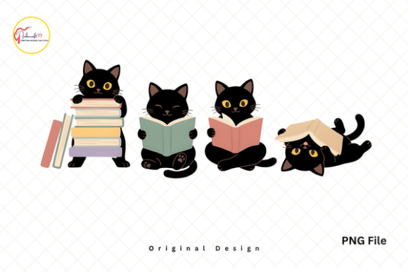 Cute Black Cat Reading Book PNG, Cat PNG