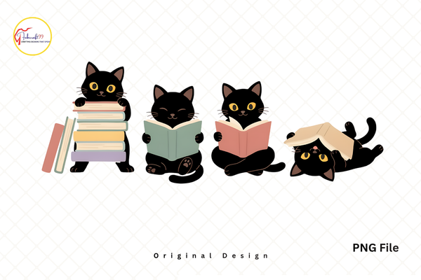 Cute Black Cat Reading Book PNG, Cat PNG