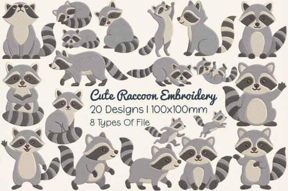 Cute Raccoon Embroidery Design Bundle