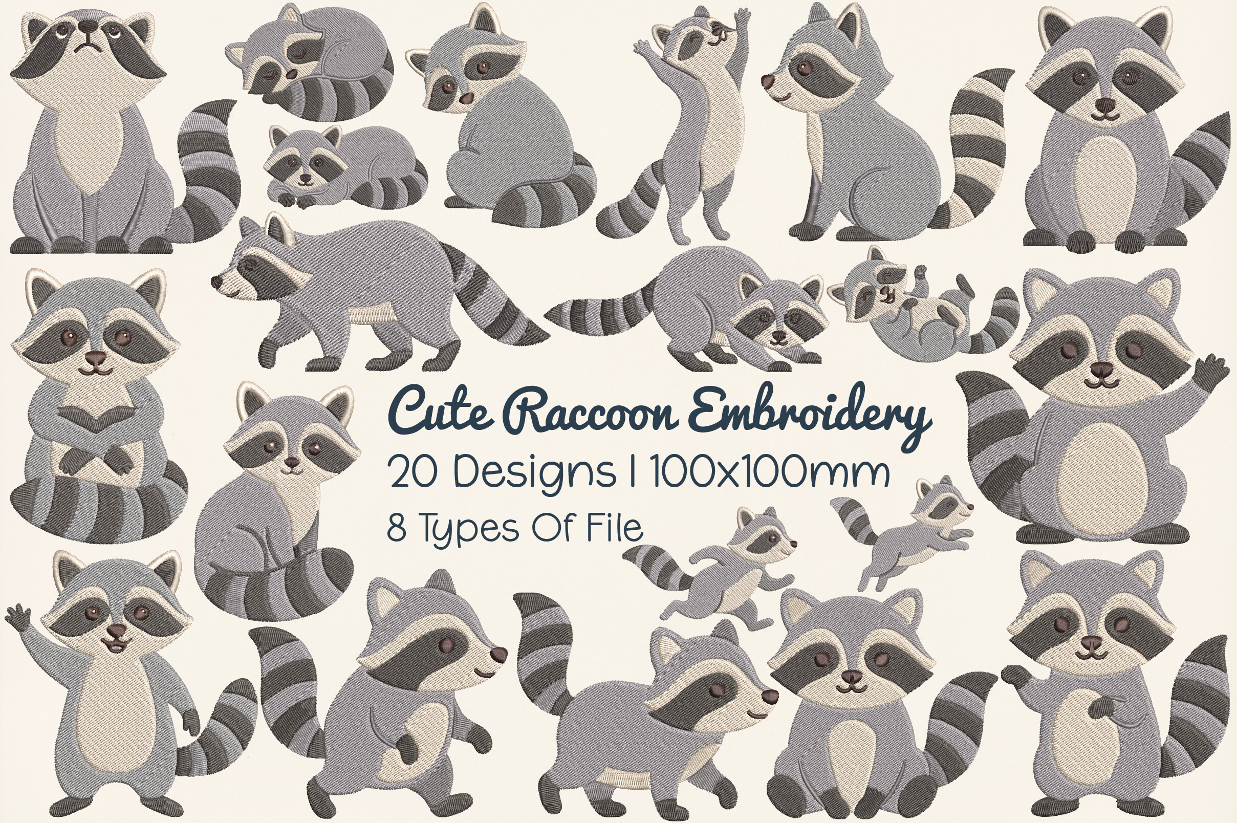 Cute Raccoon Embroidery Design Bundle