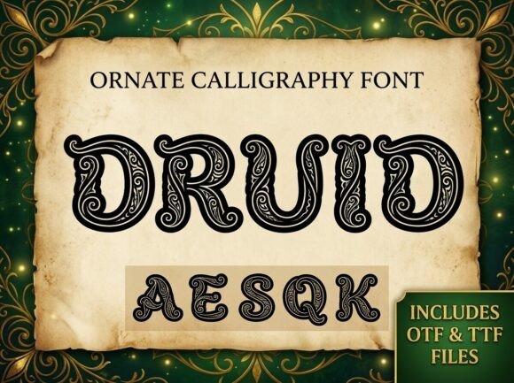 Preview specimen of Druid decorative font