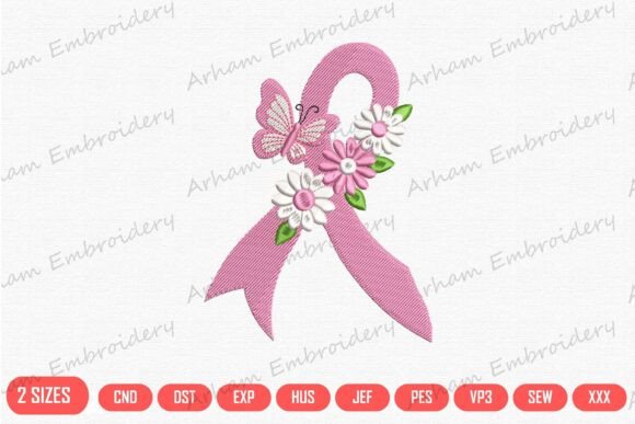 Floral Pink Butterfly Cancer Ribbon