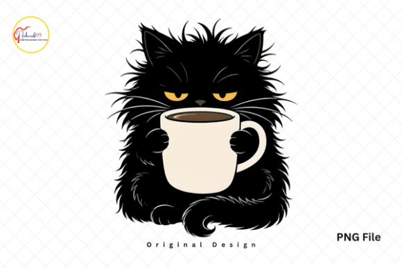 Funny Grumpy Black Cat Coffee PNG