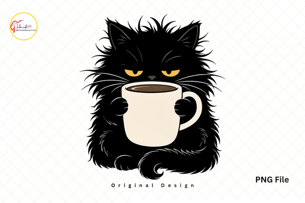 Funny Grumpy Black Cat Coffee PNG