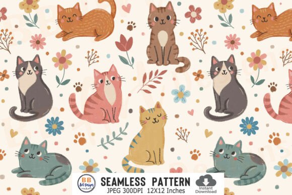 Seamless Floral Cat Pattern Cats Fabric