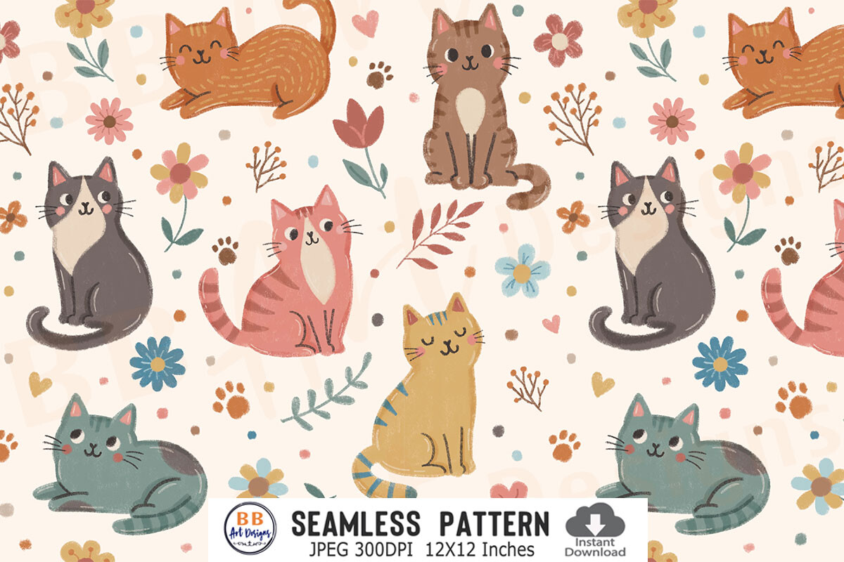 Seamless Floral Cat Pattern Cats Fabric