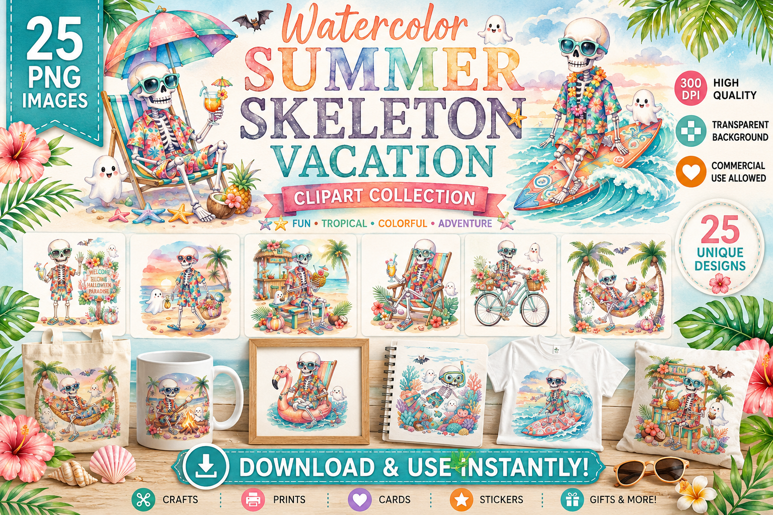 Summer Skeleton Vacation Clipart