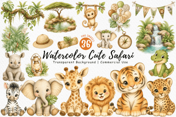Watercolor Cute Safari Animals Clipart
