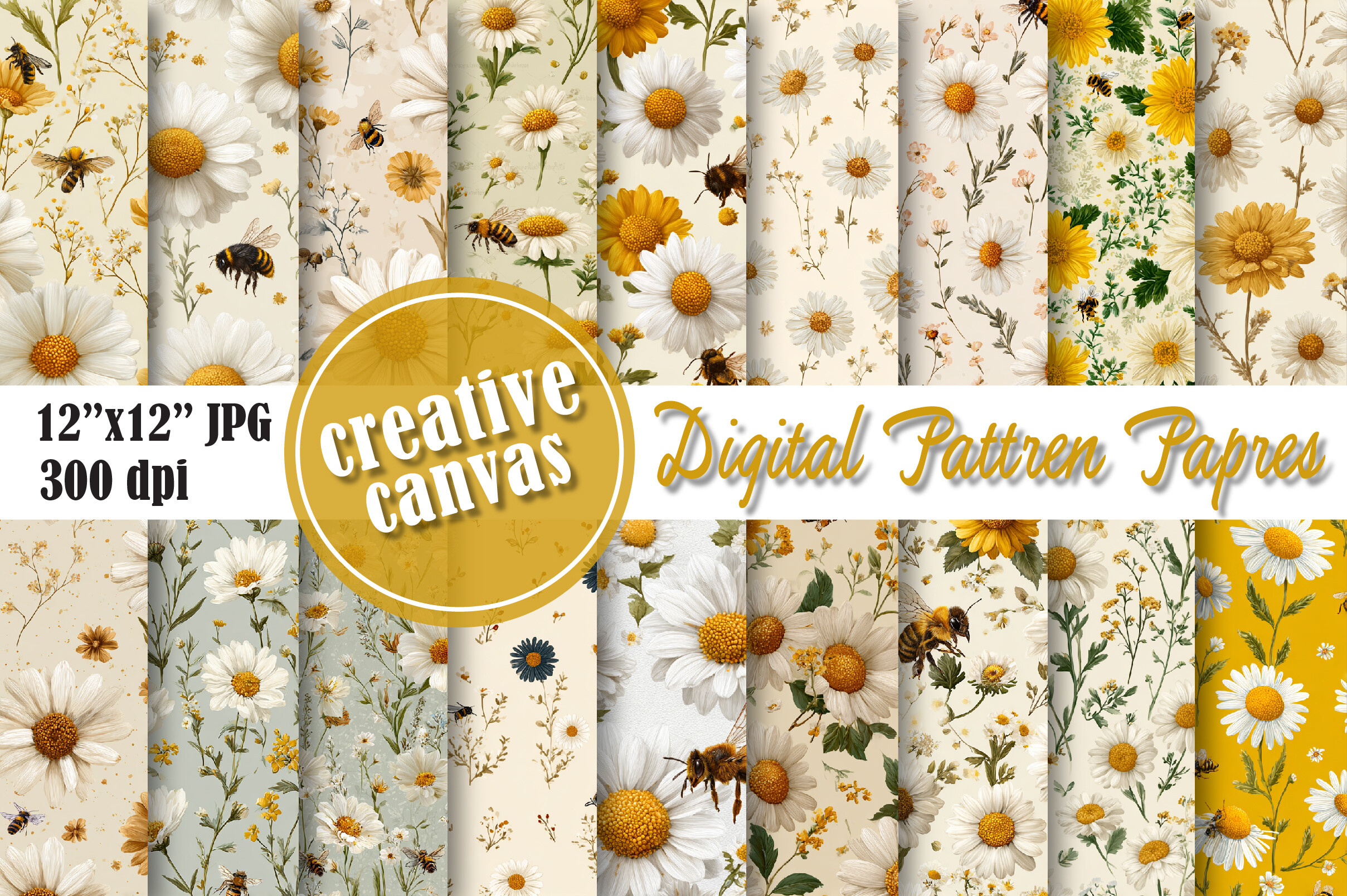 Bee Daisy Seamless Pattern Bundle