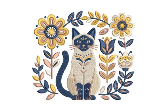Boho Cat Floral Embroidery Design