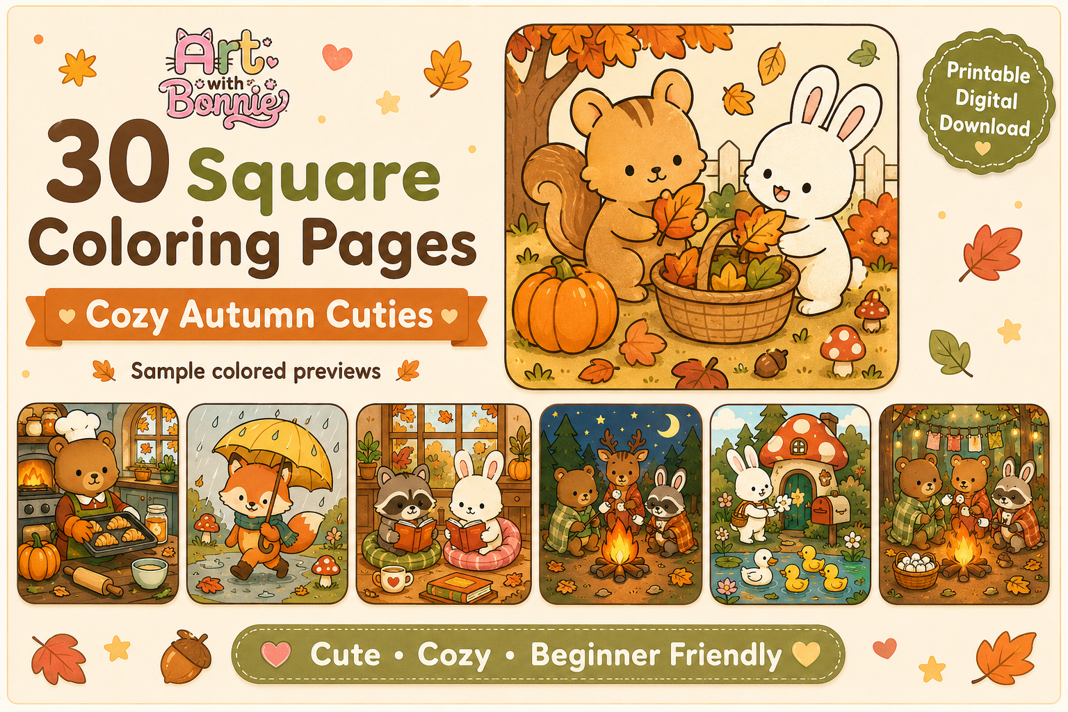 Cozy Autumn Cuties Coloring Pages Pack