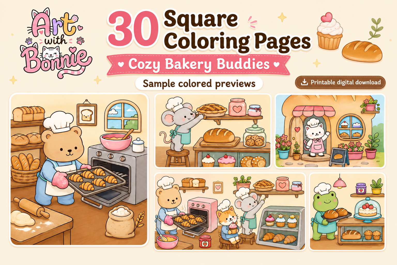Cozy Bakery Buddies Coloring Pages PDF