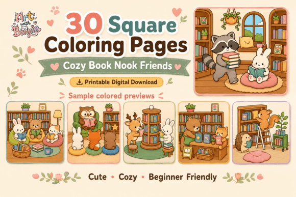 Cozy Book Nook Friends Coloring Page PDF