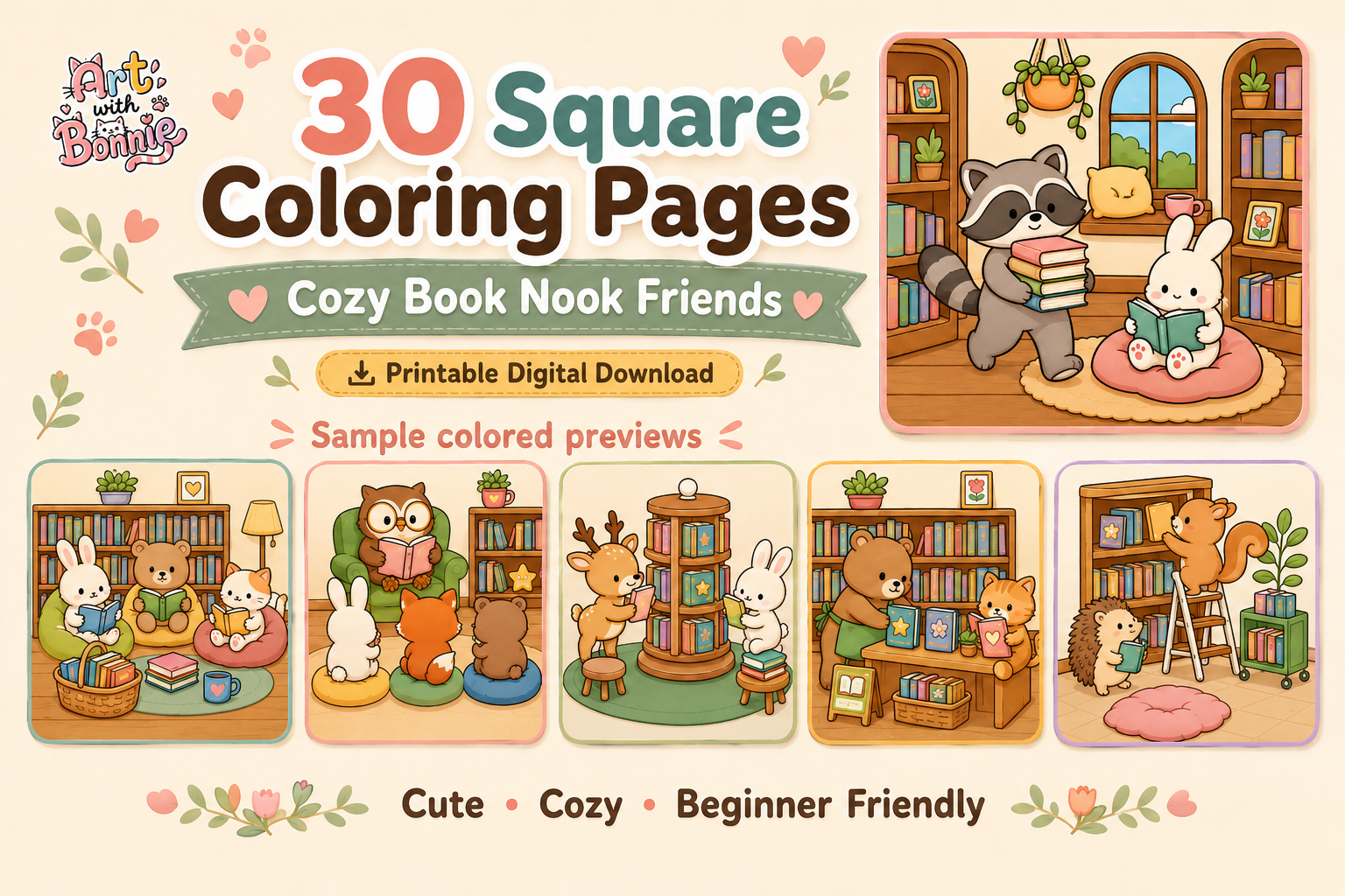 Cozy Book Nook Friends Coloring Page PDF