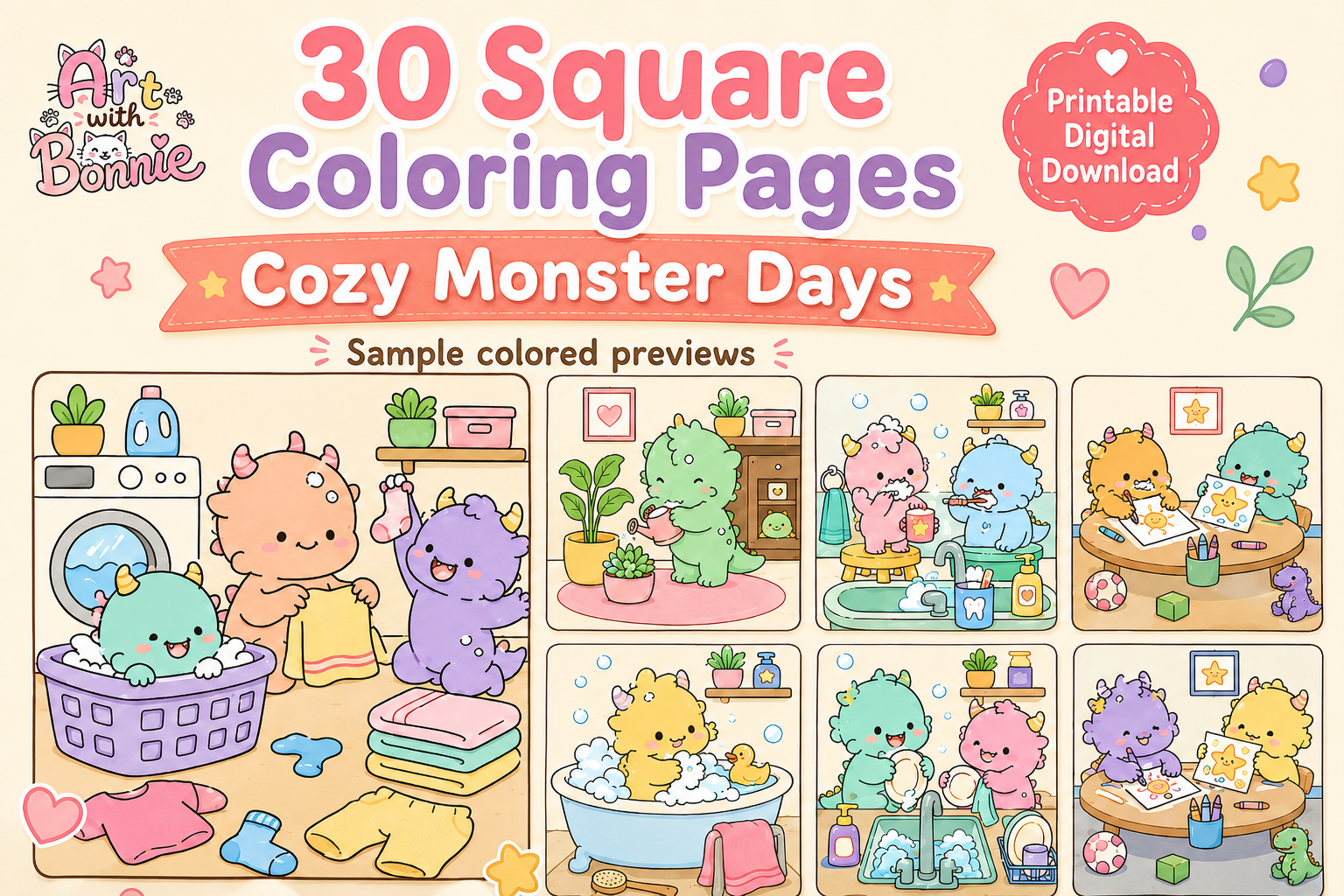 Cozy Monster Days Coloring Pages PDF Set