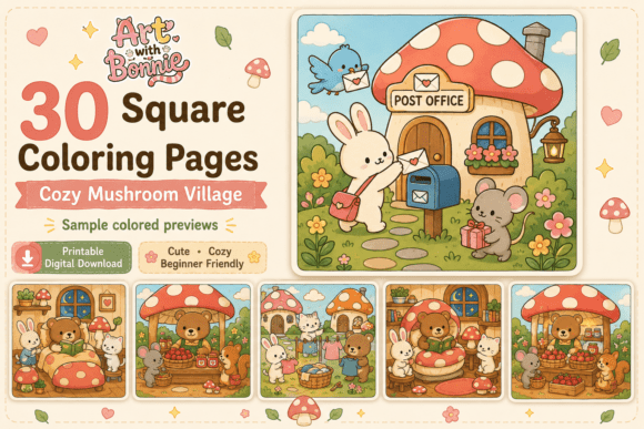 Cozy Mushroom Village Coloring Pages PDF
