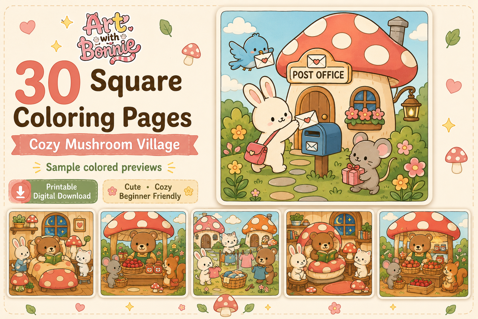 Cozy Mushroom Village Coloring Pages PDF