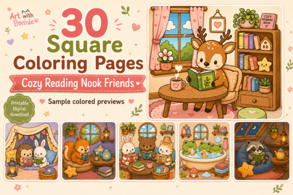 Cozy Reading Nook Coloring Pages PDF