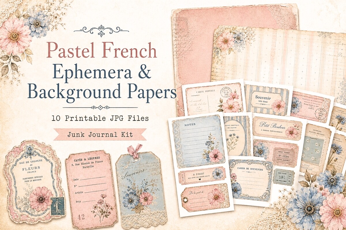 Pastel French Junk Journal Kit – 10 Prin