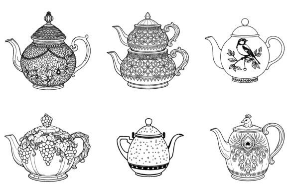 Vintage Ornate Teapot Coloring Line Art