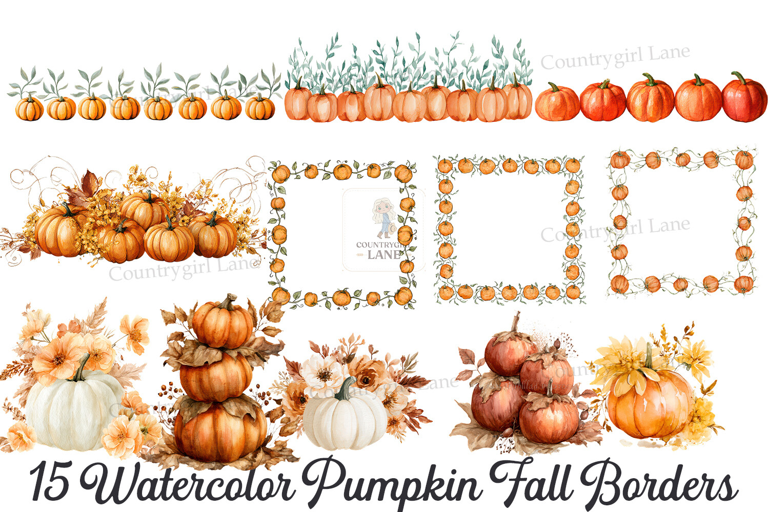 Watercolor Pumpkin Fall Borders Clipart