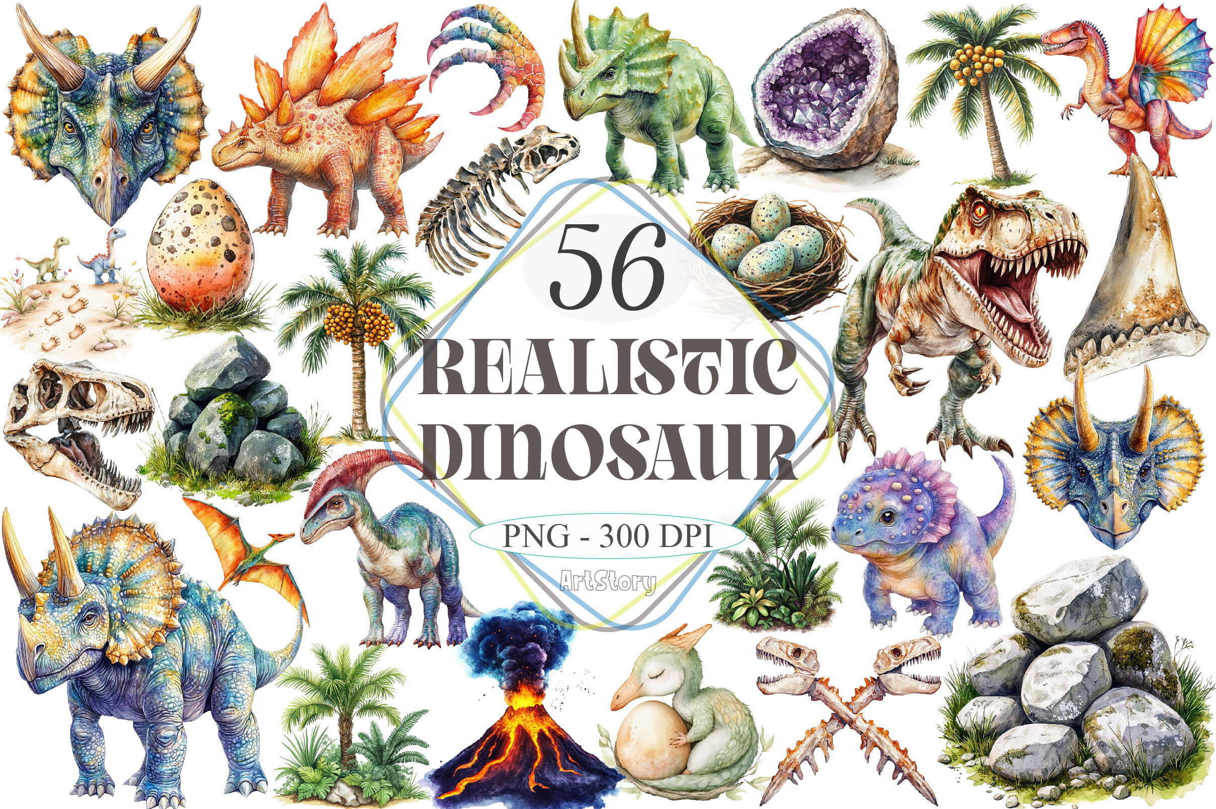 Watercolor Realistic Dinosaur Clipart