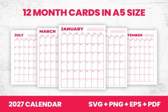 2027 Monthly Calendar Cards SVG PDF