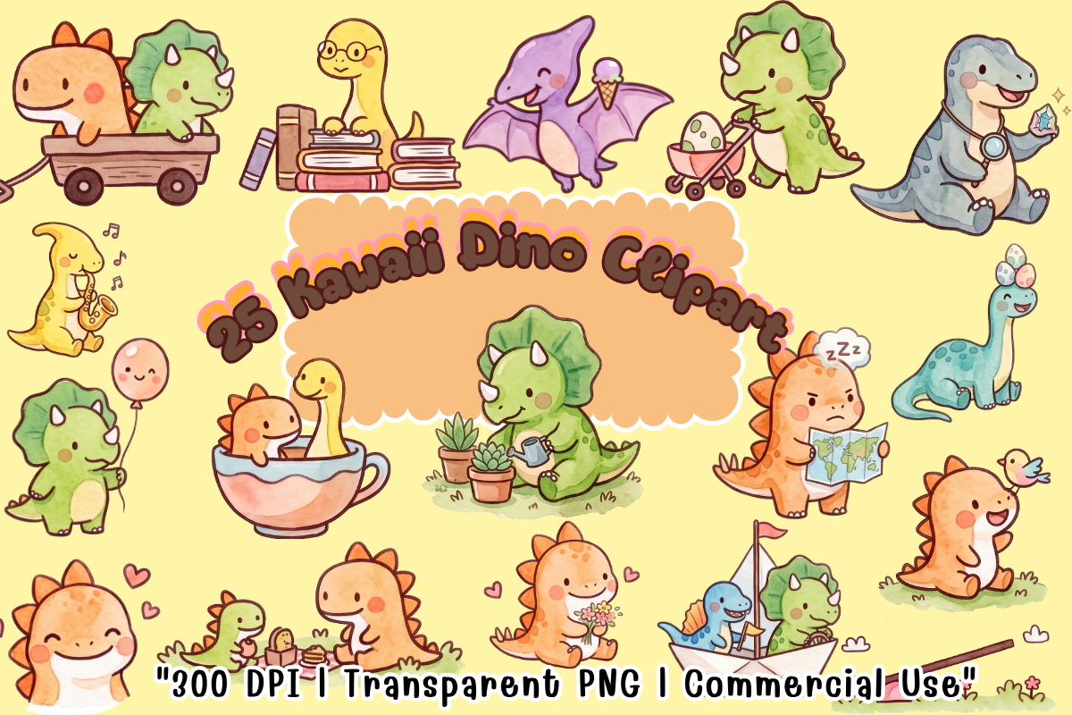 25 Cute Watercolor Dinosaur Clipart