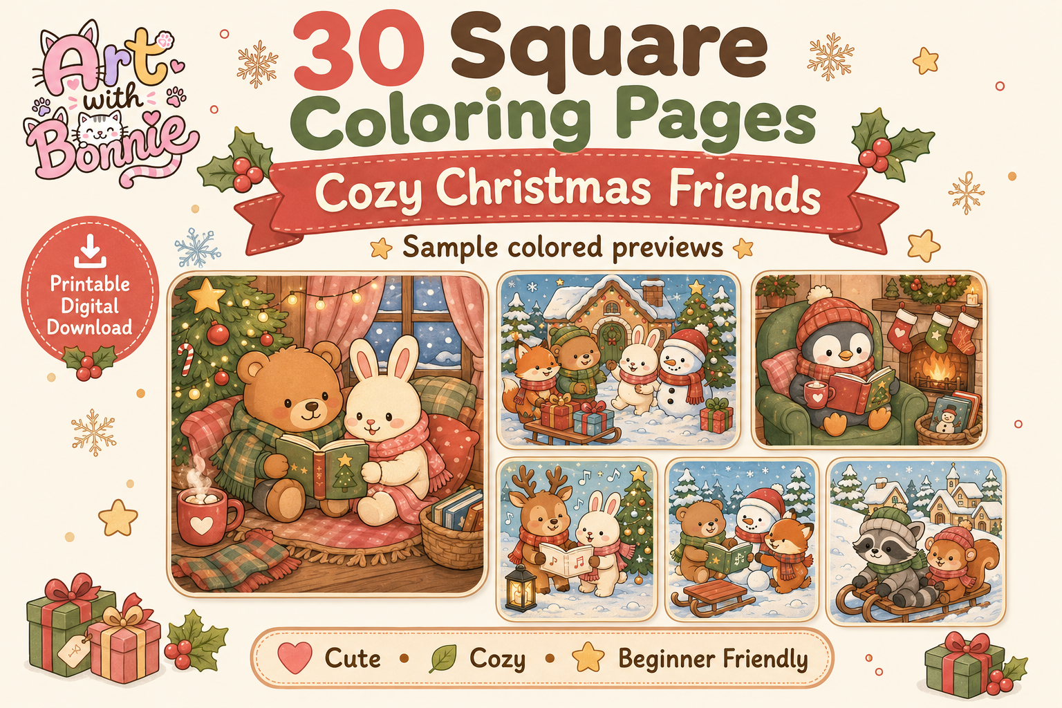 Cozy Christmas Friends Color Pages PDF