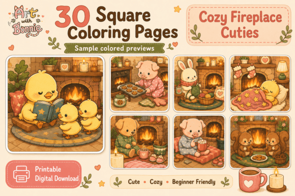 Cozy Fireplace Cuties Coloring Pages PDF